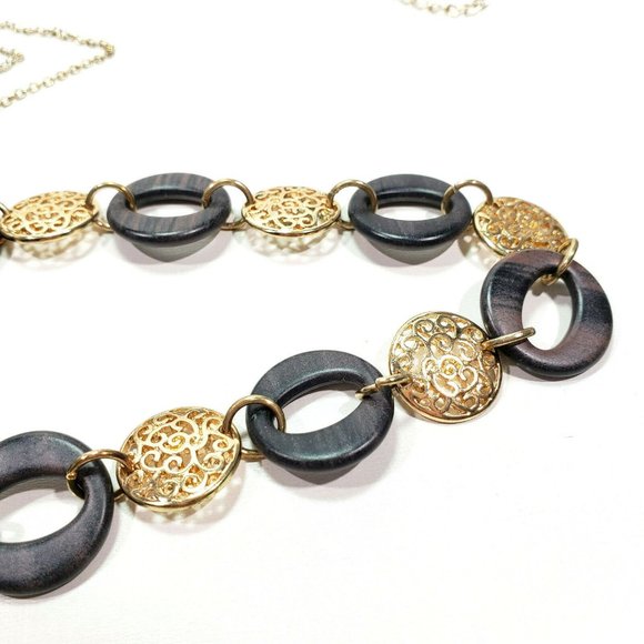 Gold Tone Faux Wood Disks Necklace 30" to 33" - Picture 5 of 8